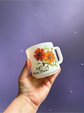 Vintage Brockway Flower of the Month Milk Glass Mug Cosmos October
